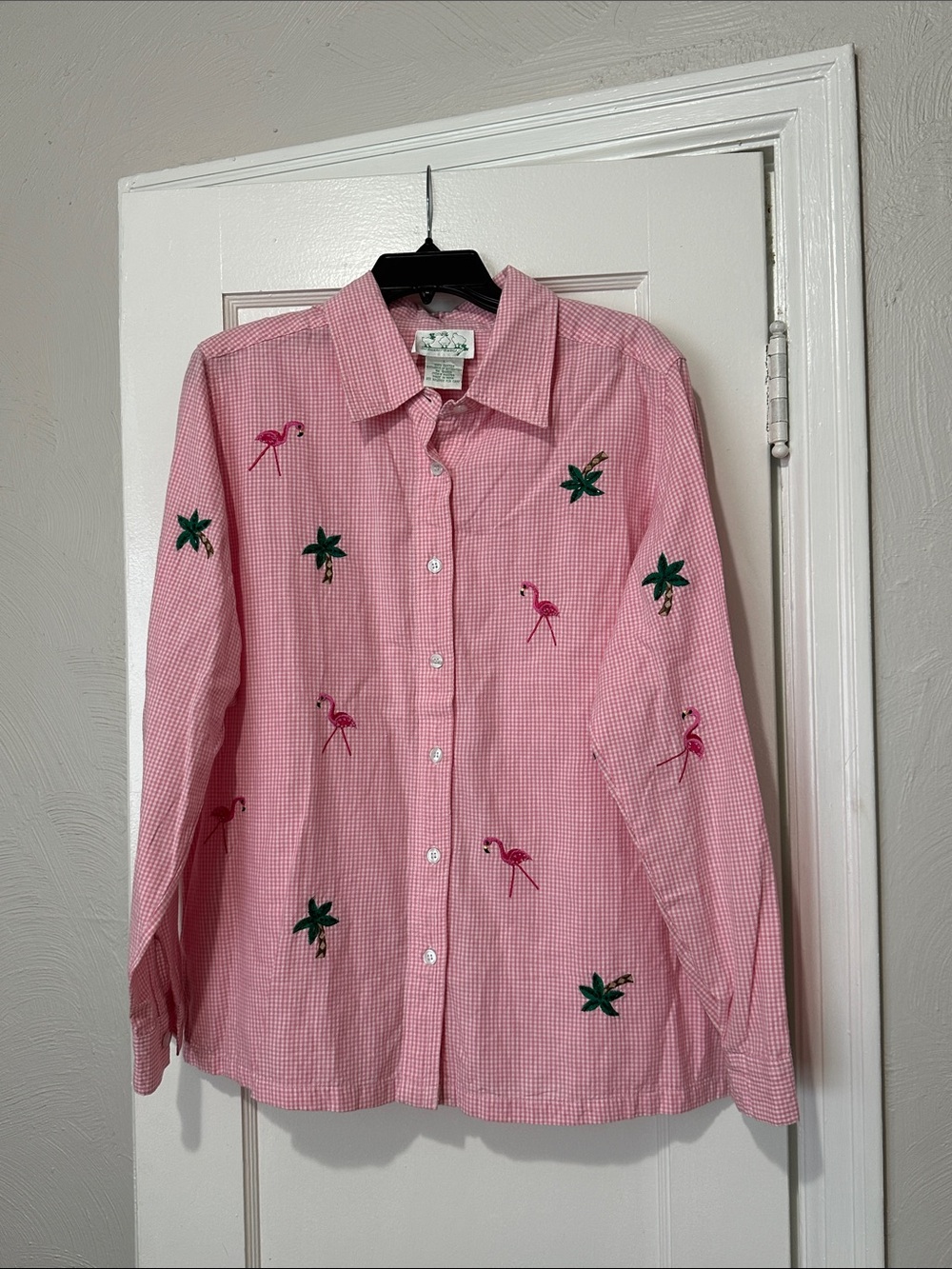 Y2K Quacker Factory Pink Gingham ButtonUp Shirt with Flamingo & Palm Embroidery